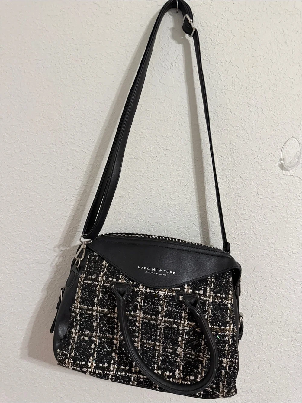 Marc New York Black and Cream Tweed Satchel with Leather Trim